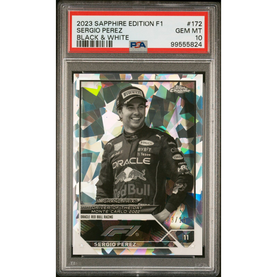 2023 Topps Chrome Formula 1 Sapphire Edition B&W #172 Sergio Perez 3/15 Psa 10